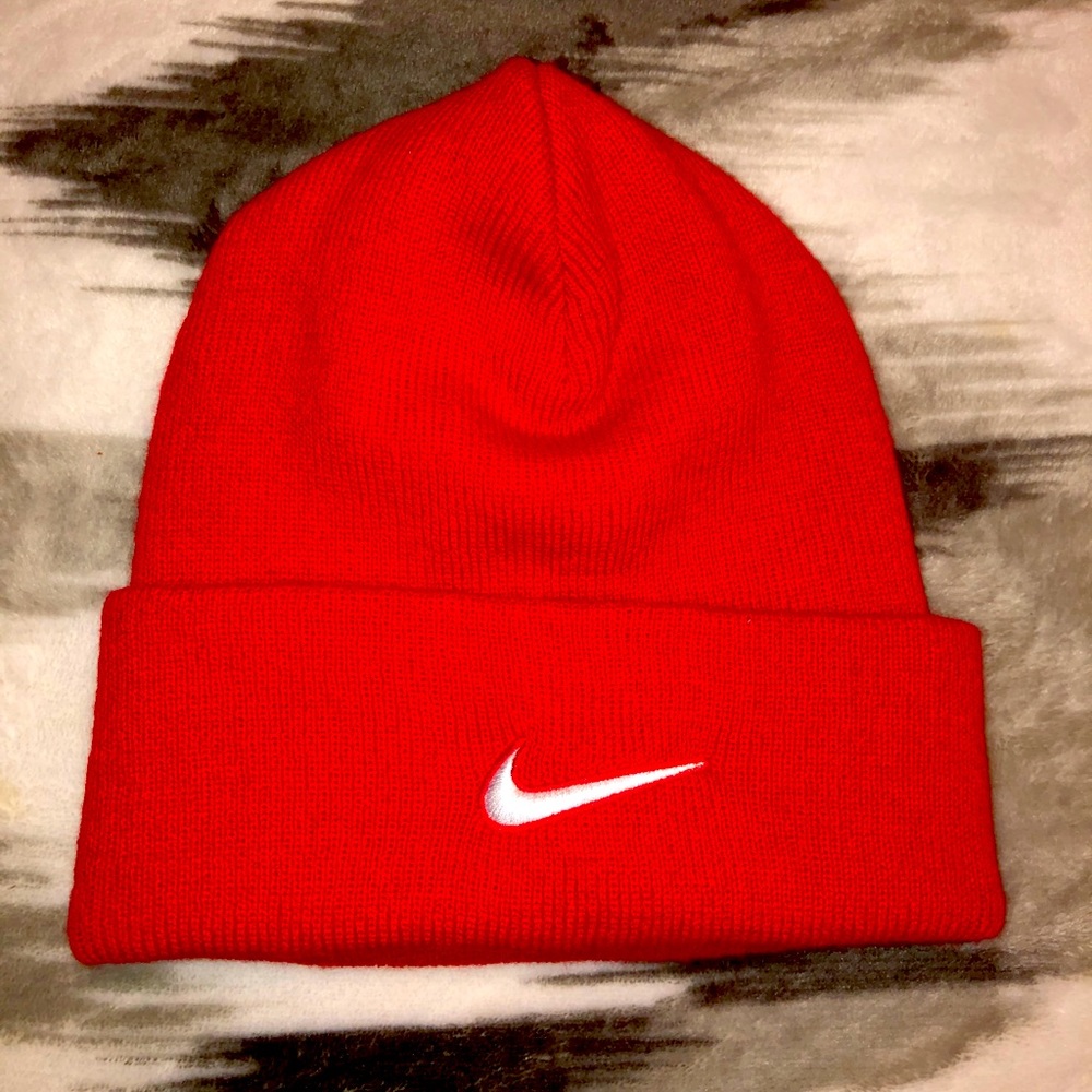 Red Nike beanie. One size fits most.